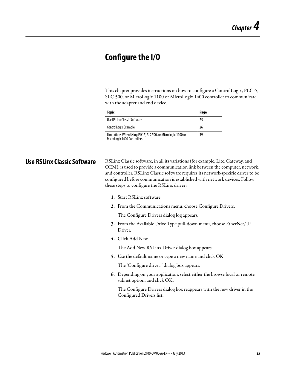 4 - configure the i/o, Use rslinx classic software, Chapter 4 | Configure the i/o, Chapter | Rockwell Automation 2100-ENET CENTERLINE 2100 Motor Control Centers EtherNet/IP Network Adapter User Manual | Page 25 / 76