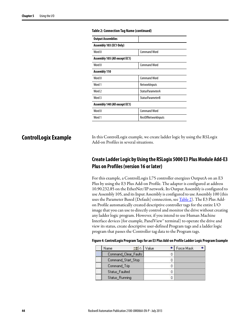 Controllogix example | Rockwell Automation 2100-ENET CENTERLINE 2100 Motor Control Centers EtherNet/IP Network Adapter User Manual | Page 44 / 76