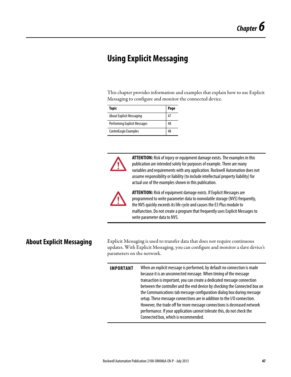 6 - using explicit messaging, About explicit messaging, Chapter 6 | Using explicit messaging, Using explicit, Messaging, Chapter | Rockwell Automation 2100-ENET CENTERLINE 2100 Motor Control Centers EtherNet/IP Network Adapter User Manual | Page 47 / 76