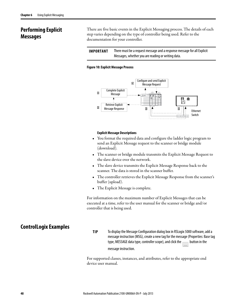 Performing explicit messages, Controllogix examples, Performing explicit messages controllogix examples | Rockwell Automation 2100-ENET CENTERLINE 2100 Motor Control Centers EtherNet/IP Network Adapter User Manual | Page 48 / 76