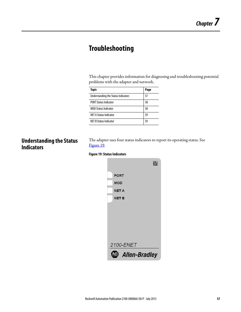 7 - troubleshooting, Understanding the status indicators, Chapter 7 | Troubleshooting, Chapter | Rockwell Automation 2100-ENET CENTERLINE 2100 Motor Control Centers EtherNet/IP Network Adapter User Manual | Page 57 / 76