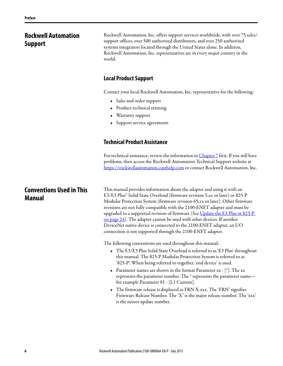 Rockwell automation support, Local product support, Technical product assistance | Conventions used in this manual, Local product support technical product assistance | Rockwell Automation 2100-ENET CENTERLINE 2100 Motor Control Centers EtherNet/IP Network Adapter User Manual | Page 6 / 76