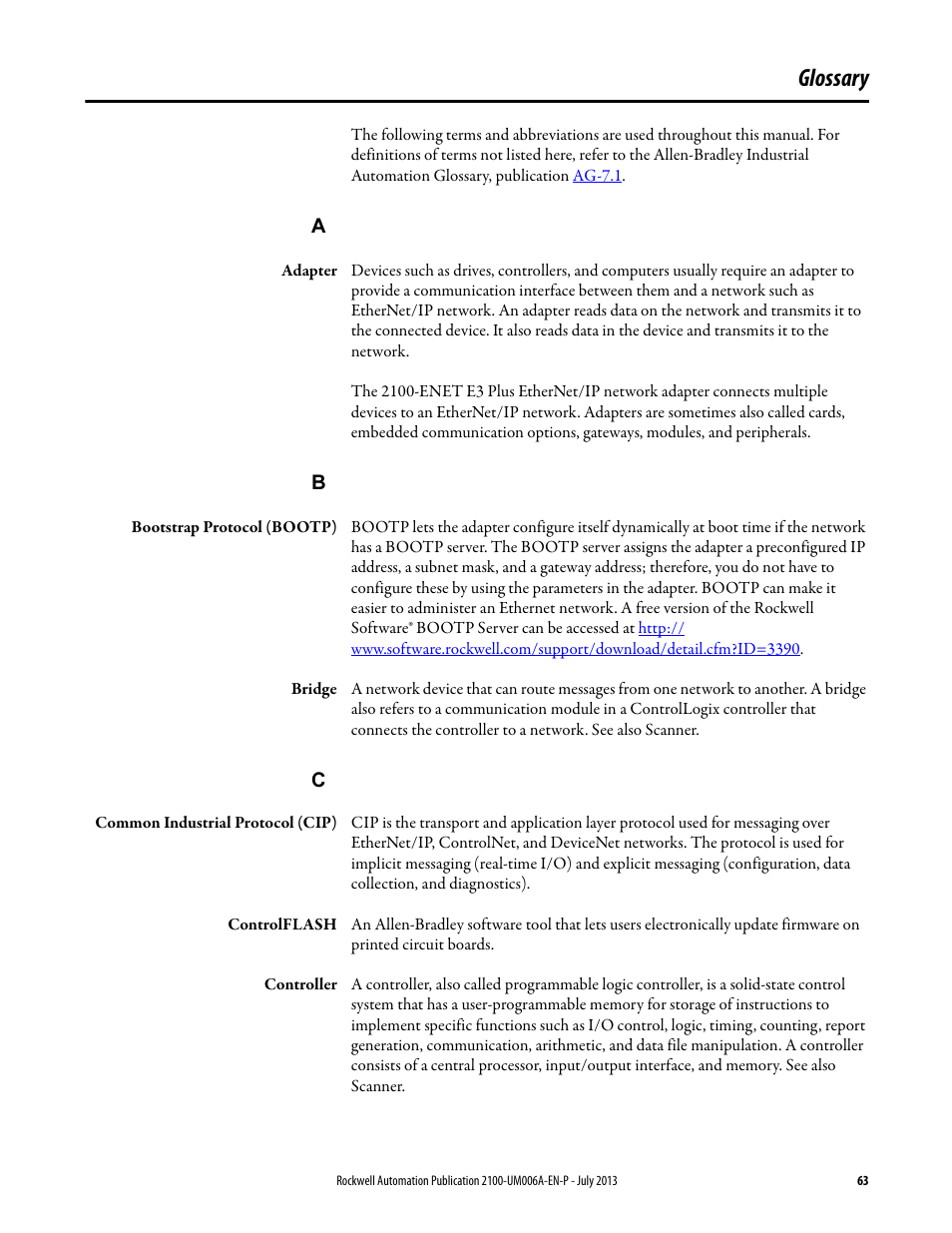 Glossary, Defi | Rockwell Automation 2100-ENET CENTERLINE 2100 Motor Control Centers EtherNet/IP Network Adapter User Manual | Page 63 / 76