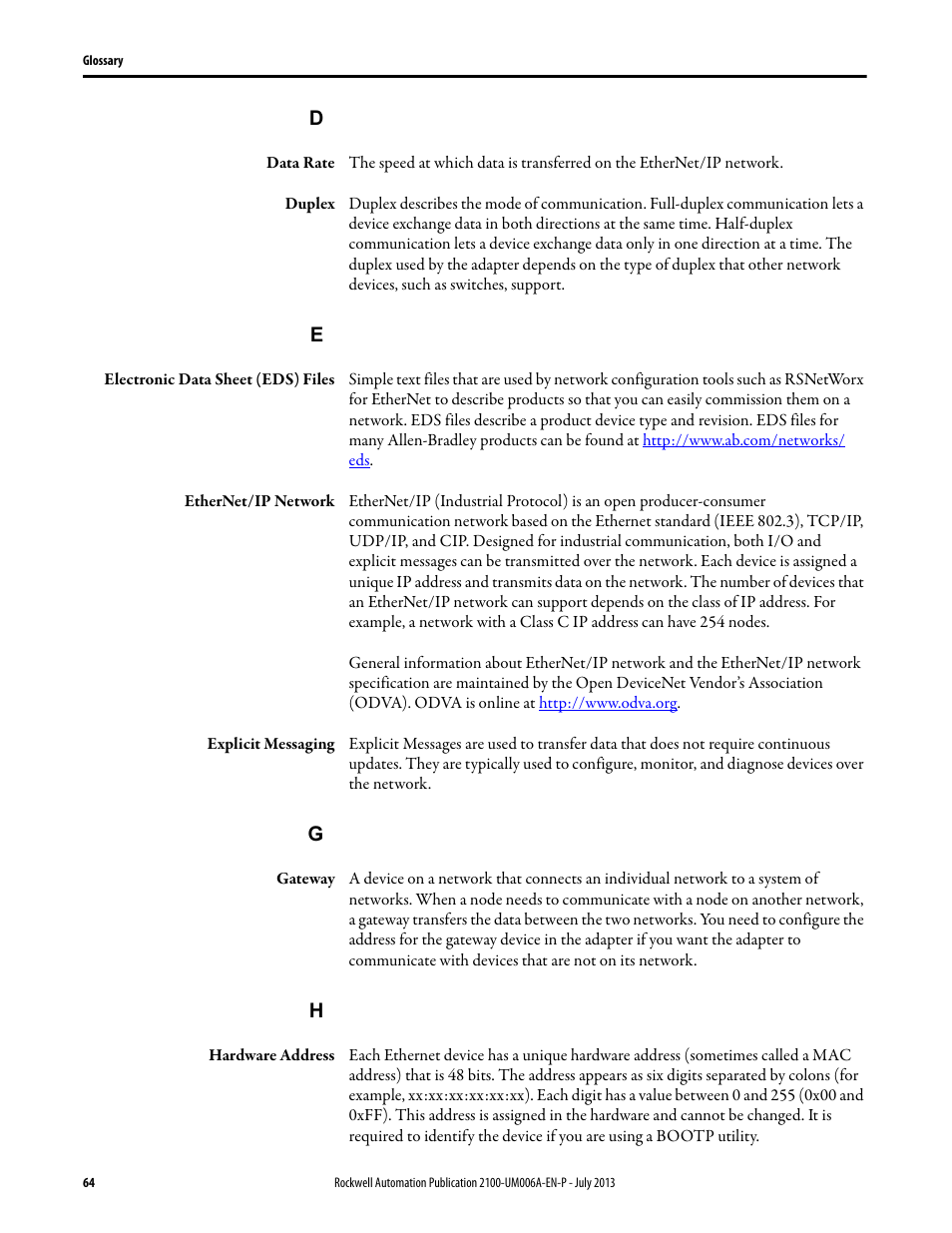 Rockwell Automation 2100-ENET CENTERLINE 2100 Motor Control Centers EtherNet/IP Network Adapter User Manual | Page 64 / 76