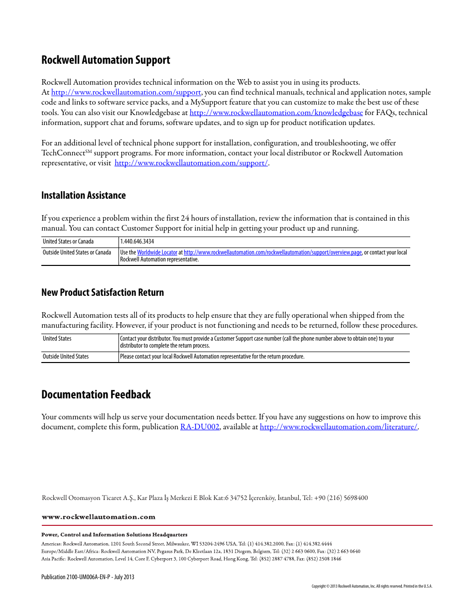 Back cover, Rockwell automation support, Documentation feedback | Installation assistance, New product satisfaction return | Rockwell Automation 2100-ENET CENTERLINE 2100 Motor Control Centers EtherNet/IP Network Adapter User Manual | Page 76 / 76