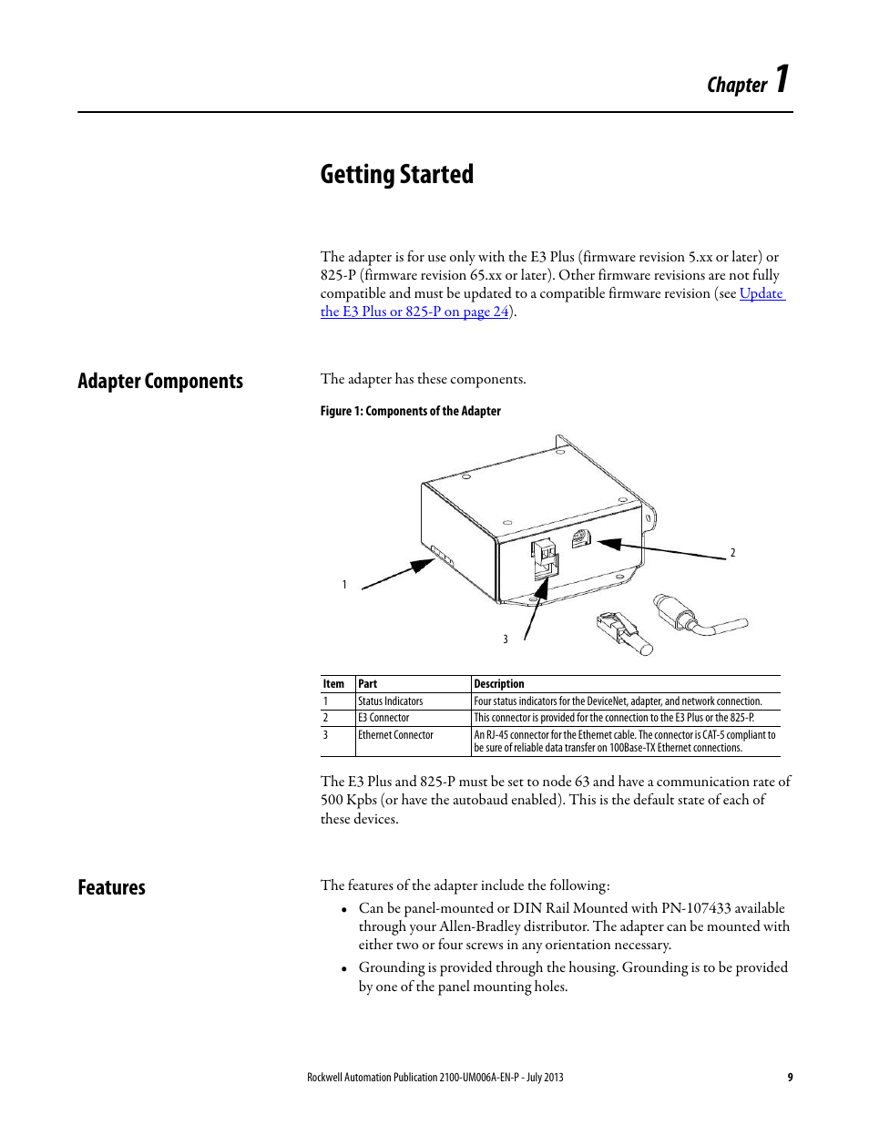 1 - getting started, Adapter components, Features | Chapter 1, Getting started, Adapter components features, Chapter | Rockwell Automation 2100-ENET CENTERLINE 2100 Motor Control Centers EtherNet/IP Network Adapter User Manual | Page 9 / 76