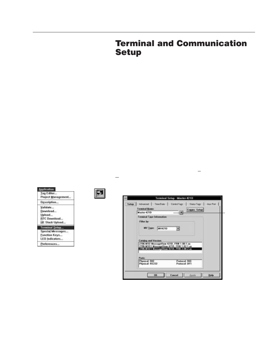 10 - terminal and communication setup, Overview of terminal setup, Terminal and communication setup | Chapter | Rockwell Automation 2706-MB1 MESSAGEVIEW 421 SOFTWARE MANUAL User Manual | Page 209 / 328