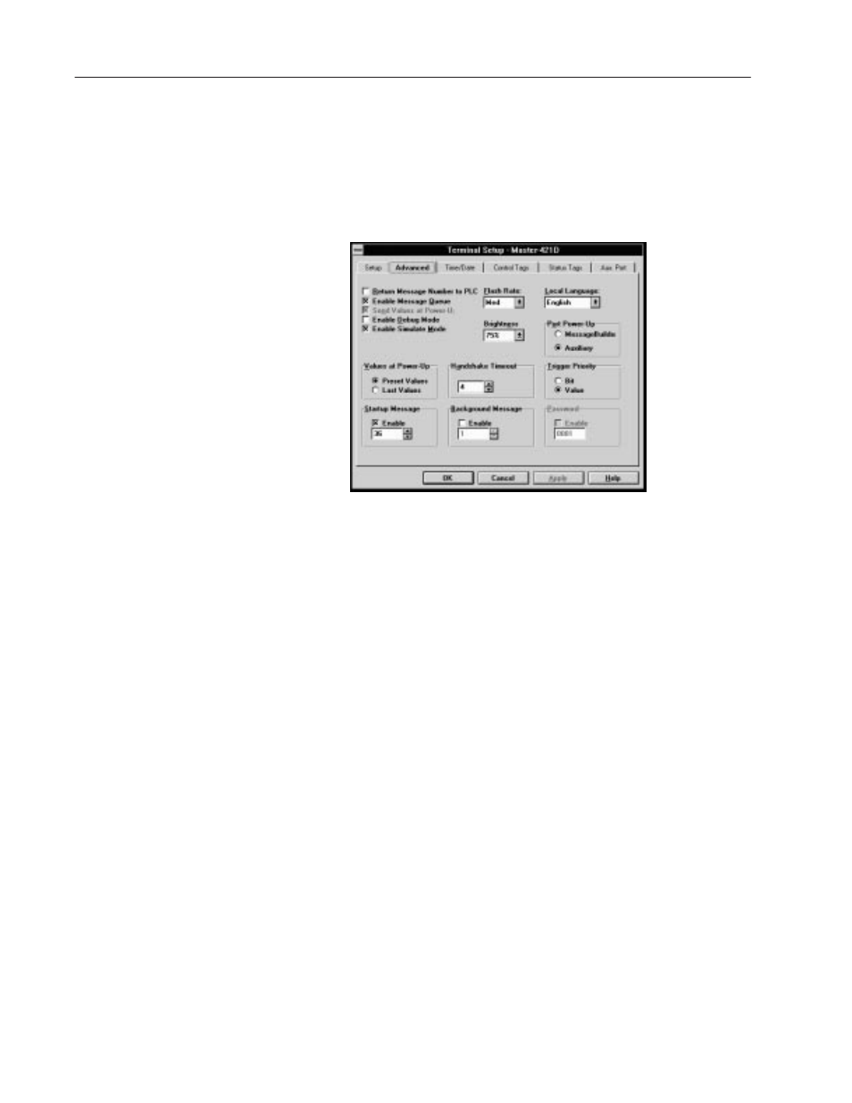 Setting advanced terminal options | Rockwell Automation 2706-MB1 MESSAGEVIEW 421 SOFTWARE MANUAL User Manual | Page 220 / 328