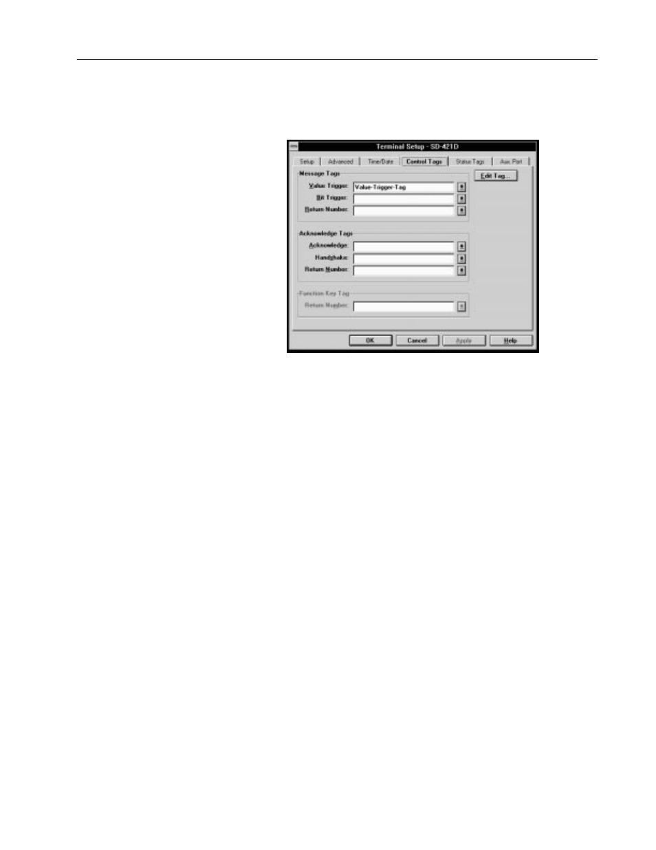 Defining control tags | Rockwell Automation 2706-MB1 MESSAGEVIEW 421 SOFTWARE MANUAL User Manual | Page 229 / 328