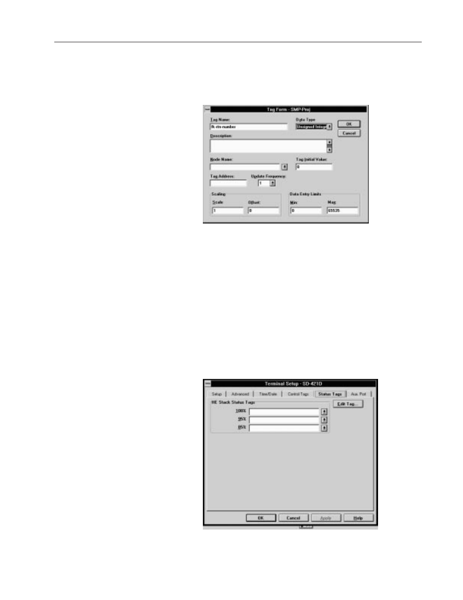 Defining status tags | Rockwell Automation 2706-MB1 MESSAGEVIEW 421 SOFTWARE MANUAL User Manual | Page 233 / 328