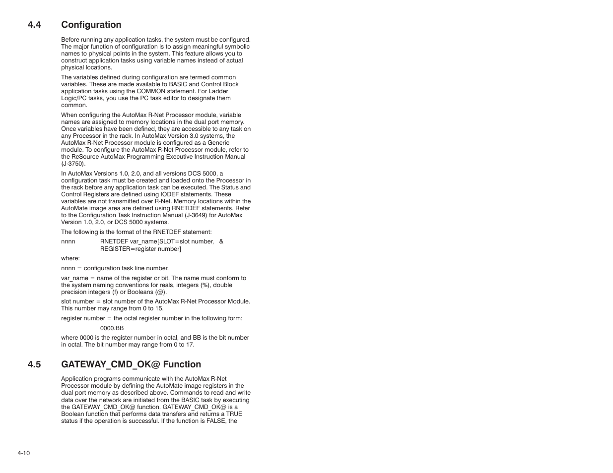 4 configuration, 5 gateway_cms_ok@ function, 5 gateway_cmd_ok@ function | Rockwell Automation AutoMax R-Net Processor Module User Manual | Page 26 / 42