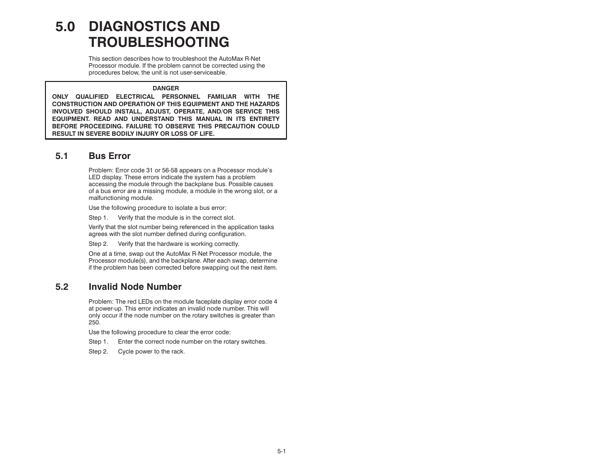 0 diagnostics and troubleshooting, 1 bus error, 2 invalid node number | Rockwell Automation AutoMax R-Net Processor Module User Manual | Page 29 / 42
