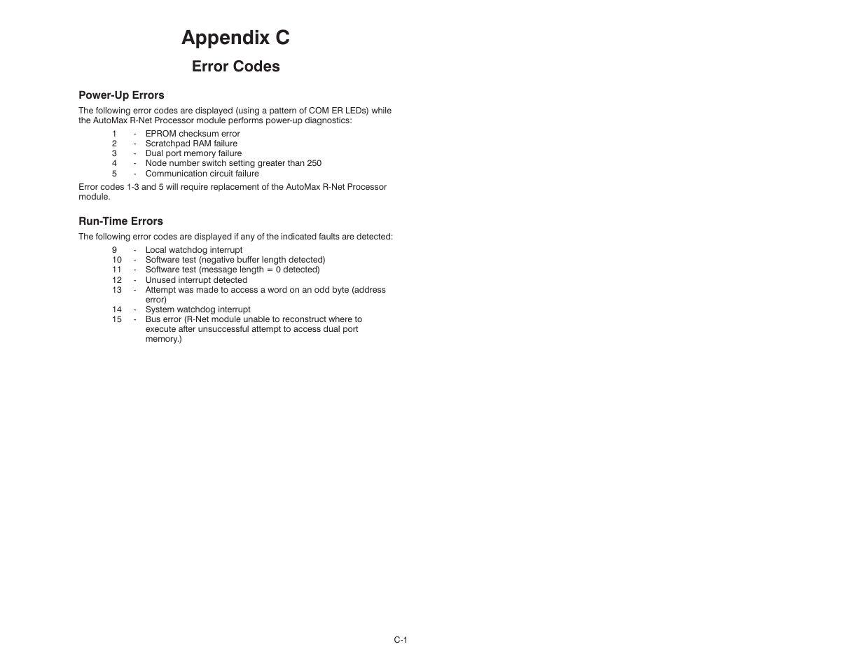 C error codes, Appendix c, Error codes | Rockwell Automation AutoMax R-Net Processor Module User Manual | Page 35 / 42