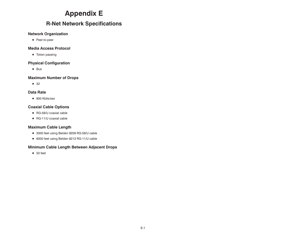 E r-net network specifications, Appendix e, Rćnet network specifications | Rockwell Automation AutoMax R-Net Processor Module User Manual | Page 39 / 42