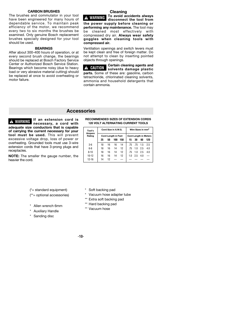 Accessories, Warning, Cleaning | Caution | Bosch 1250DEVS User Manual | Page 10 / 32