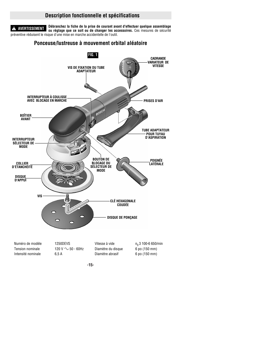 Description fonctionnelle et spécifications, Ponceuse/lustreuse à mouvement orbital aléatoire | Bosch 1250DEVS User Manual | Page 15 / 32