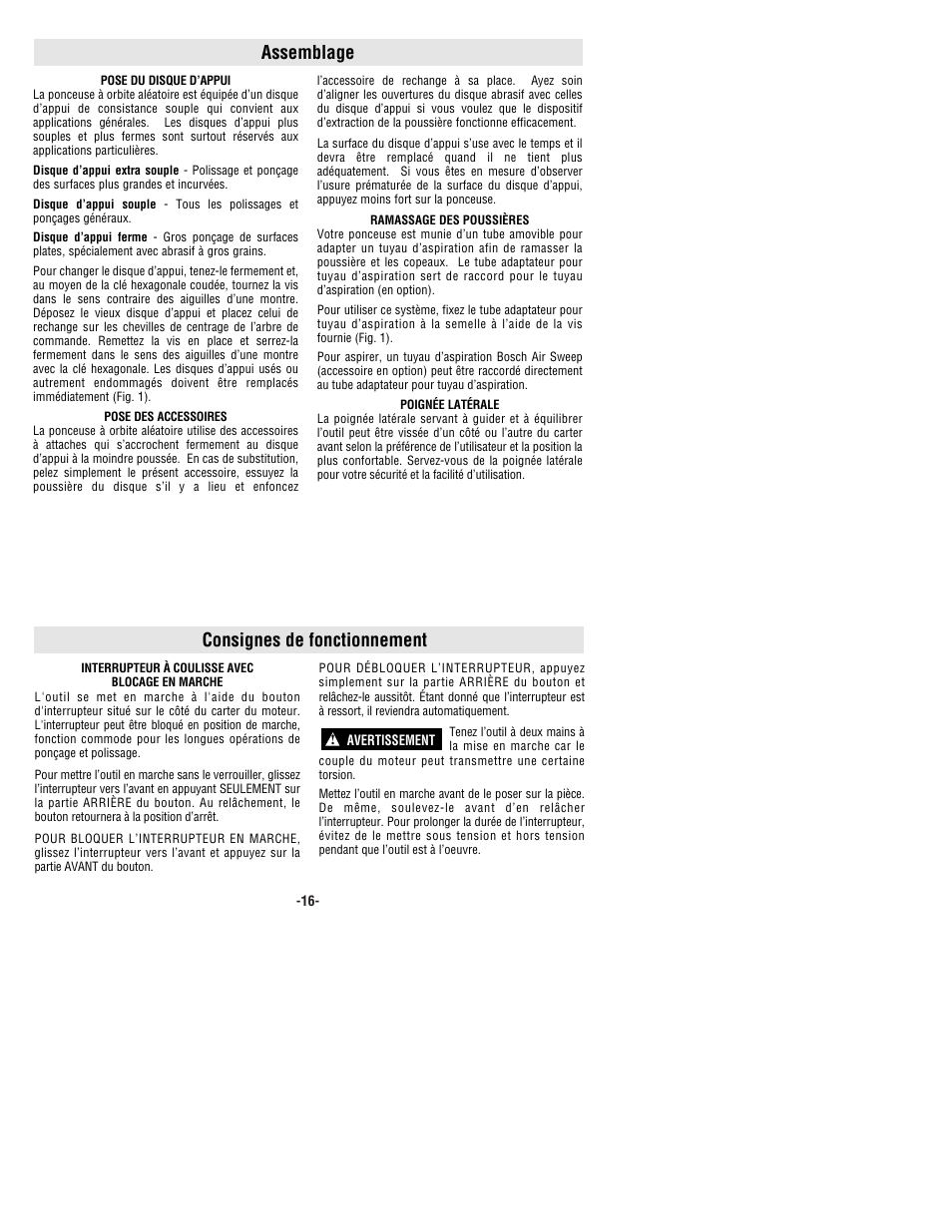 Consignes de fonctionnement assemblage | Bosch 1250DEVS User Manual | Page 16 / 32