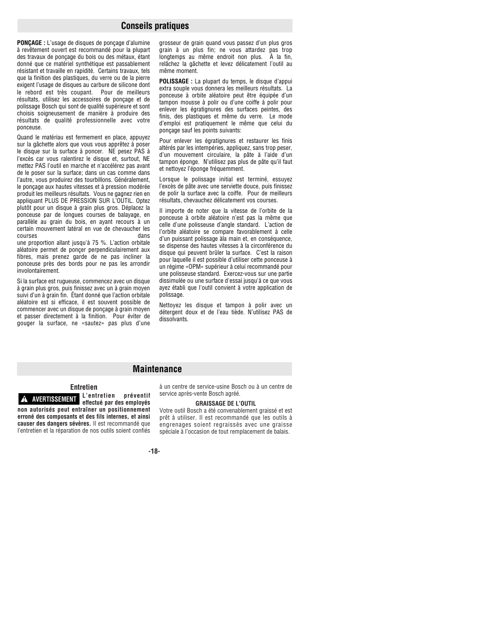 Maintenance, Conseils pratiques | Bosch 1250DEVS User Manual | Page 18 / 32