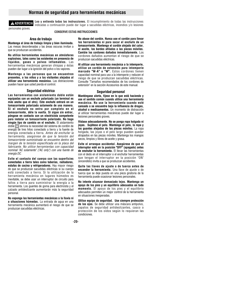 Normas de seguridad para herramientas mecánicas | Bosch 1250DEVS User Manual | Page 20 / 32