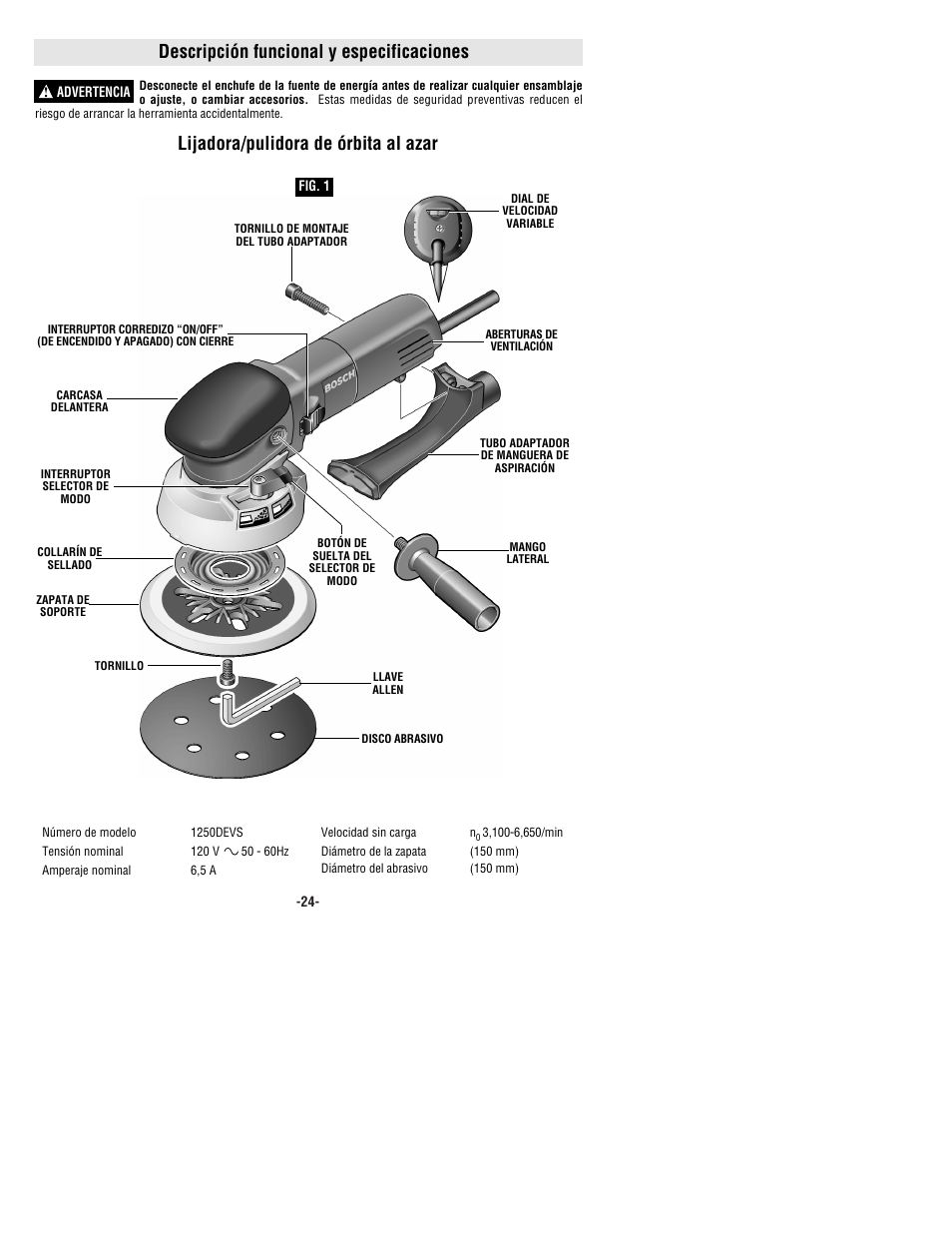 Descripción funcional y especificaciones, Lijadora/pulidora de órbita al azar | Bosch 1250DEVS User Manual | Page 24 / 32