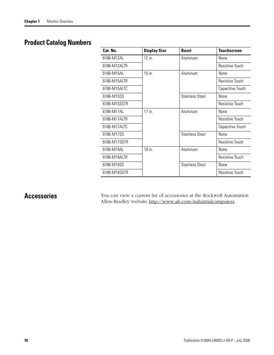 Product catalog numbers, Accessories, Product catalog numbers accessories | Rockwell Automation 6186-Mxxx Industrial Monitors User Manual User Manual | Page 10 / 64