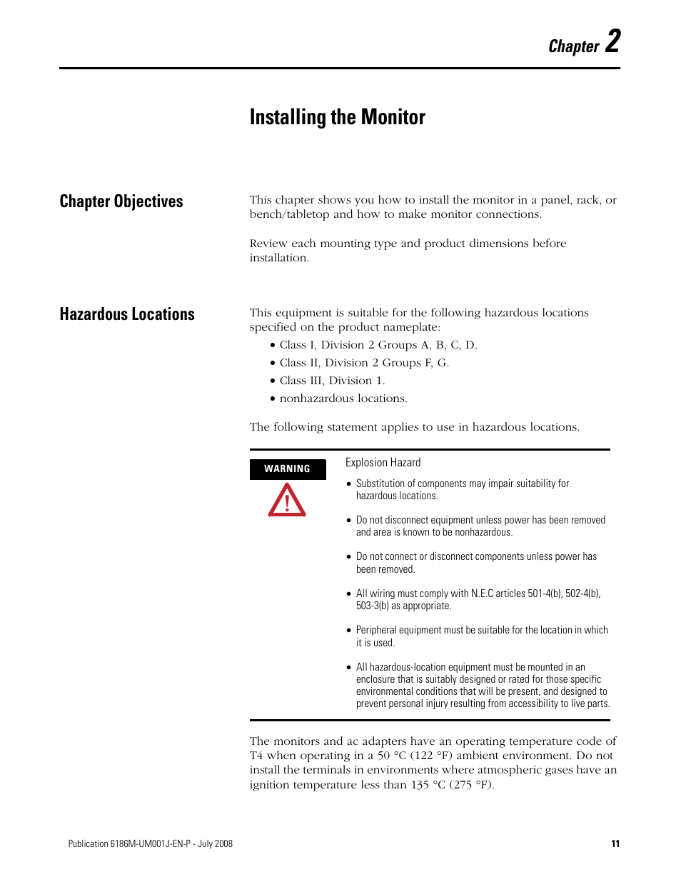 Chapter 2, Installing the monitor, Chapter objectives | Hazardous locations, Chapter objectives hazardous locations, Chapter | Rockwell Automation 6186-Mxxx Industrial Monitors User Manual User Manual | Page 11 / 64