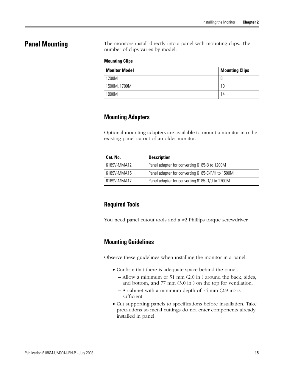 Panel mounting, Mounting adapters, Required tools | Mounting guidelines | Rockwell Automation 6186-Mxxx Industrial Monitors User Manual User Manual | Page 15 / 64