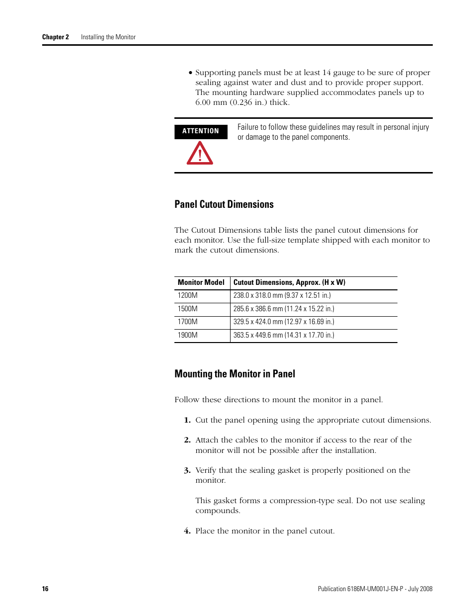 Panel cutout dimensions, Mounting the monitor in panel | Rockwell Automation 6186-Mxxx Industrial Monitors User Manual User Manual | Page 16 / 64