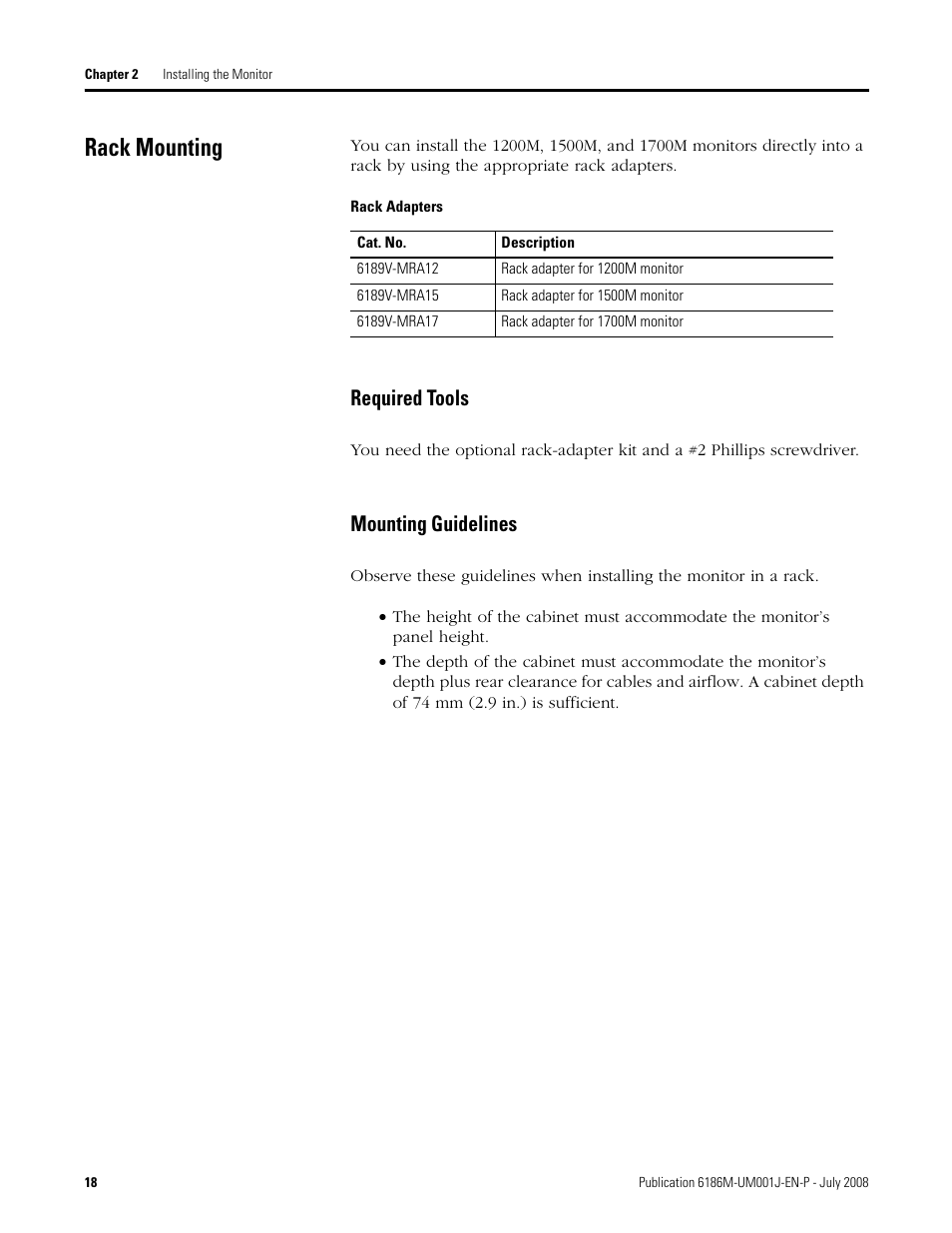 Rack mounting, Required tools, Mounting guidelines | Rockwell Automation 6186-Mxxx Industrial Monitors User Manual User Manual | Page 18 / 64