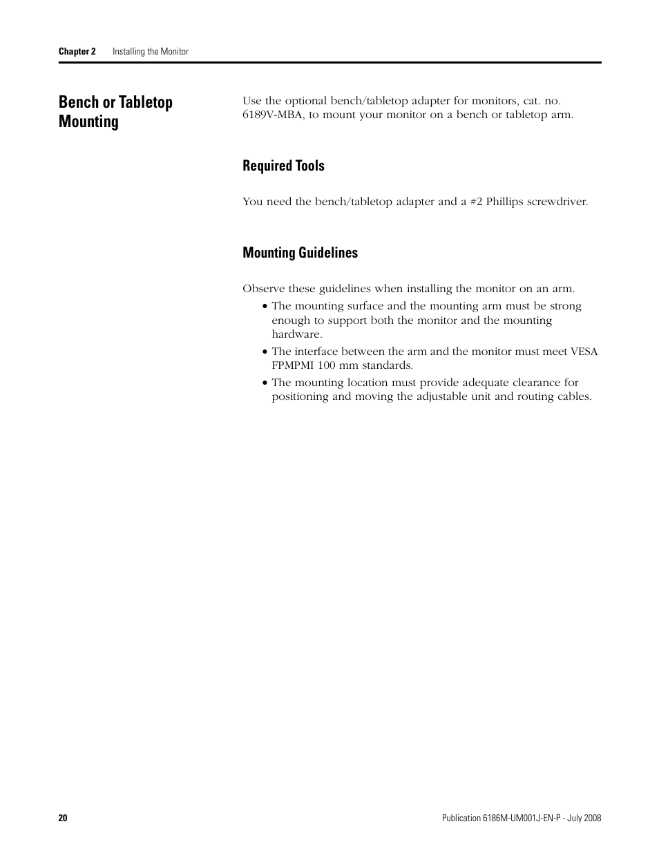 Bench or tabletop mounting, Required tools, Mounting guidelines | Rockwell Automation 6186-Mxxx Industrial Monitors User Manual User Manual | Page 20 / 64