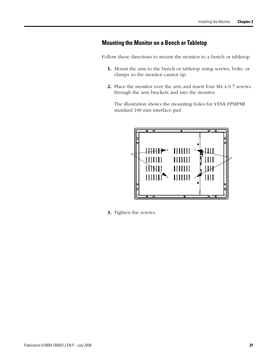 Mounting the monitor on a bench or tabletop | Rockwell Automation 6186-Mxxx Industrial Monitors User Manual User Manual | Page 21 / 64