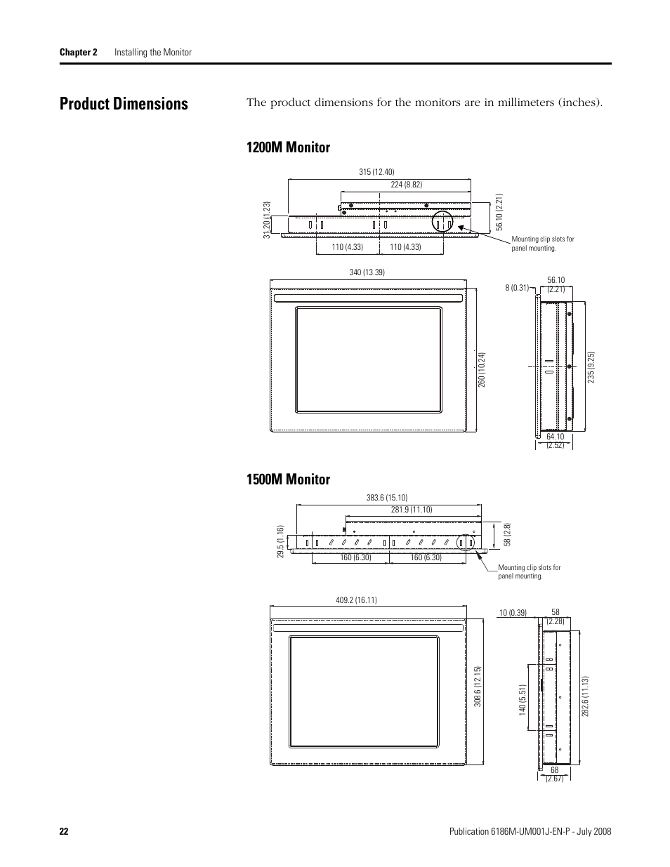Product dimensions | Rockwell Automation 6186-Mxxx Industrial Monitors User Manual User Manual | Page 22 / 64