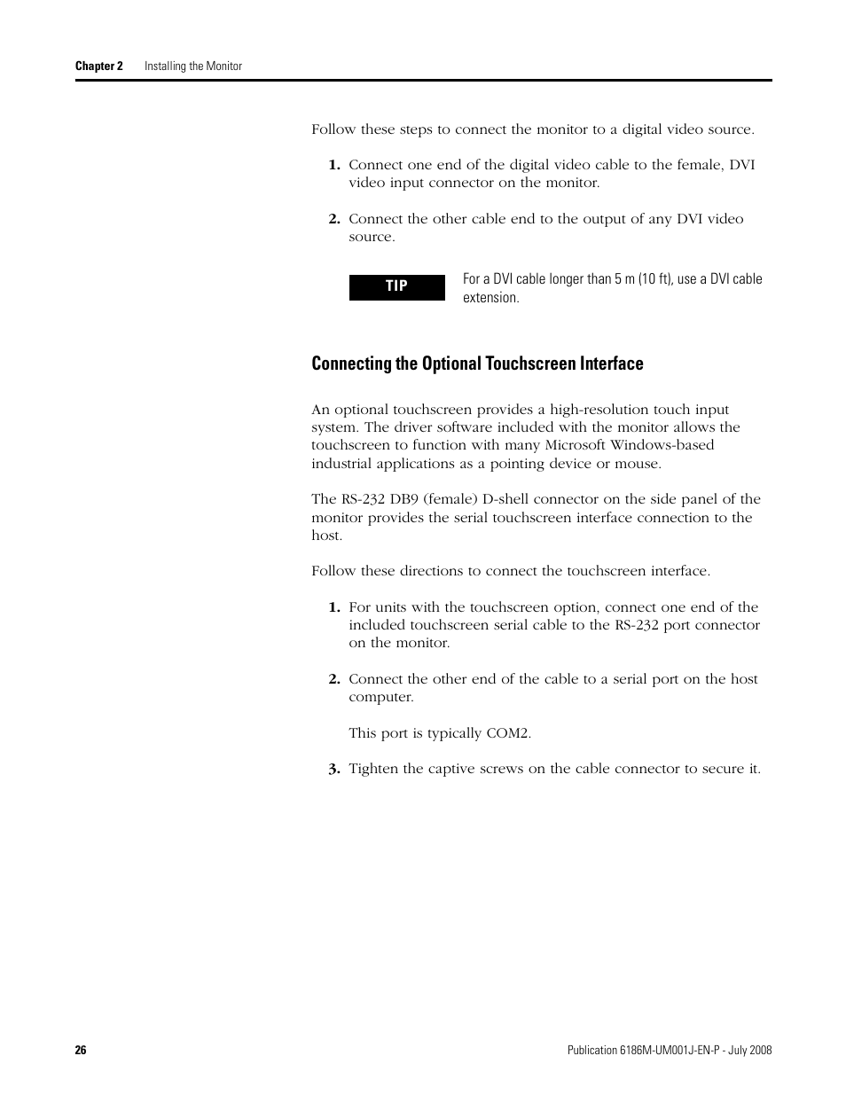 Connecting the optional touchscreen interface | Rockwell Automation 6186-Mxxx Industrial Monitors User Manual User Manual | Page 26 / 64