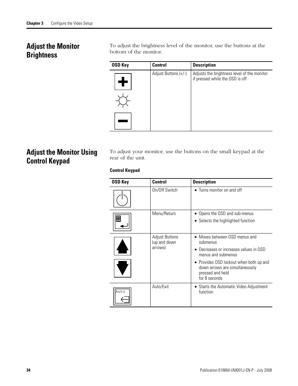 Adjust the monitor brightness, Adjust the monitor using control keypad | Rockwell Automation 6186-Mxxx Industrial Monitors User Manual User Manual | Page 34 / 64