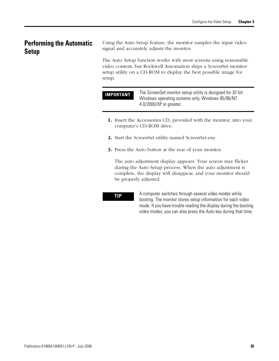 Performing the automatic setup | Rockwell Automation 6186-Mxxx Industrial Monitors User Manual User Manual | Page 35 / 64