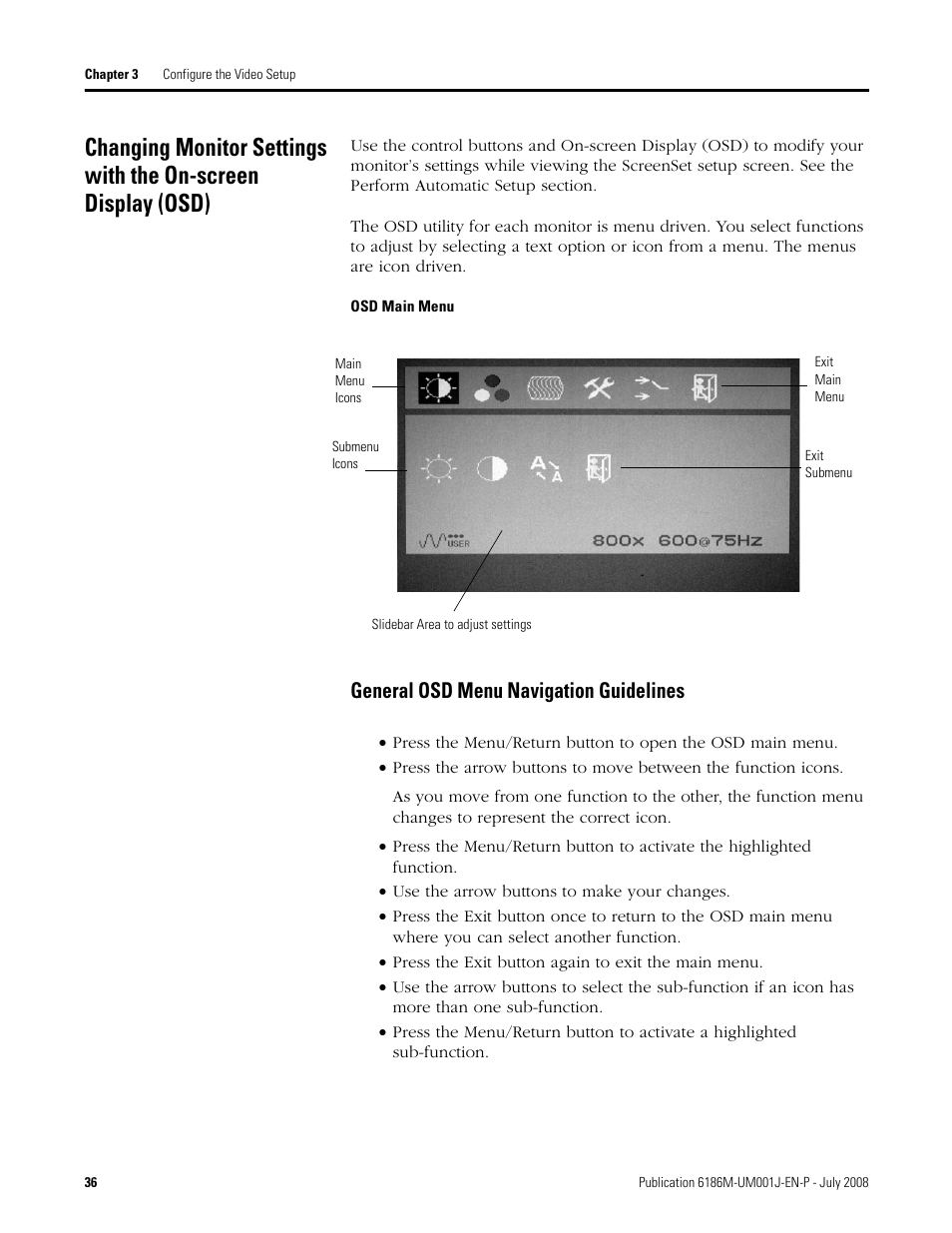 General osd menu navigation guidelines | Rockwell Automation 6186-Mxxx Industrial Monitors User Manual User Manual | Page 36 / 64