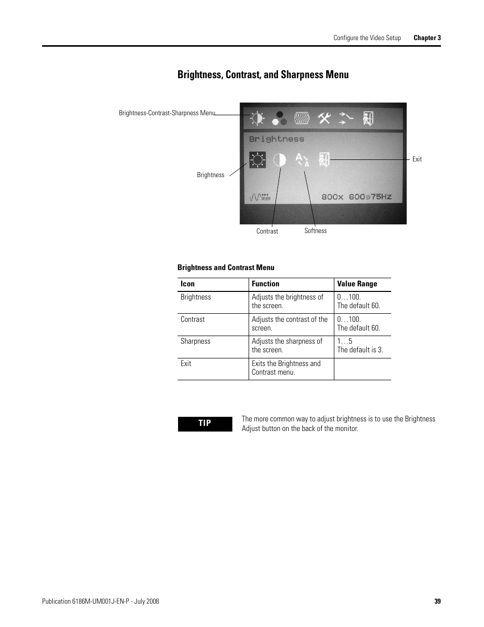 Brightness, contrast, and sharpness menu | Rockwell Automation 6186-Mxxx Industrial Monitors User Manual User Manual | Page 39 / 64