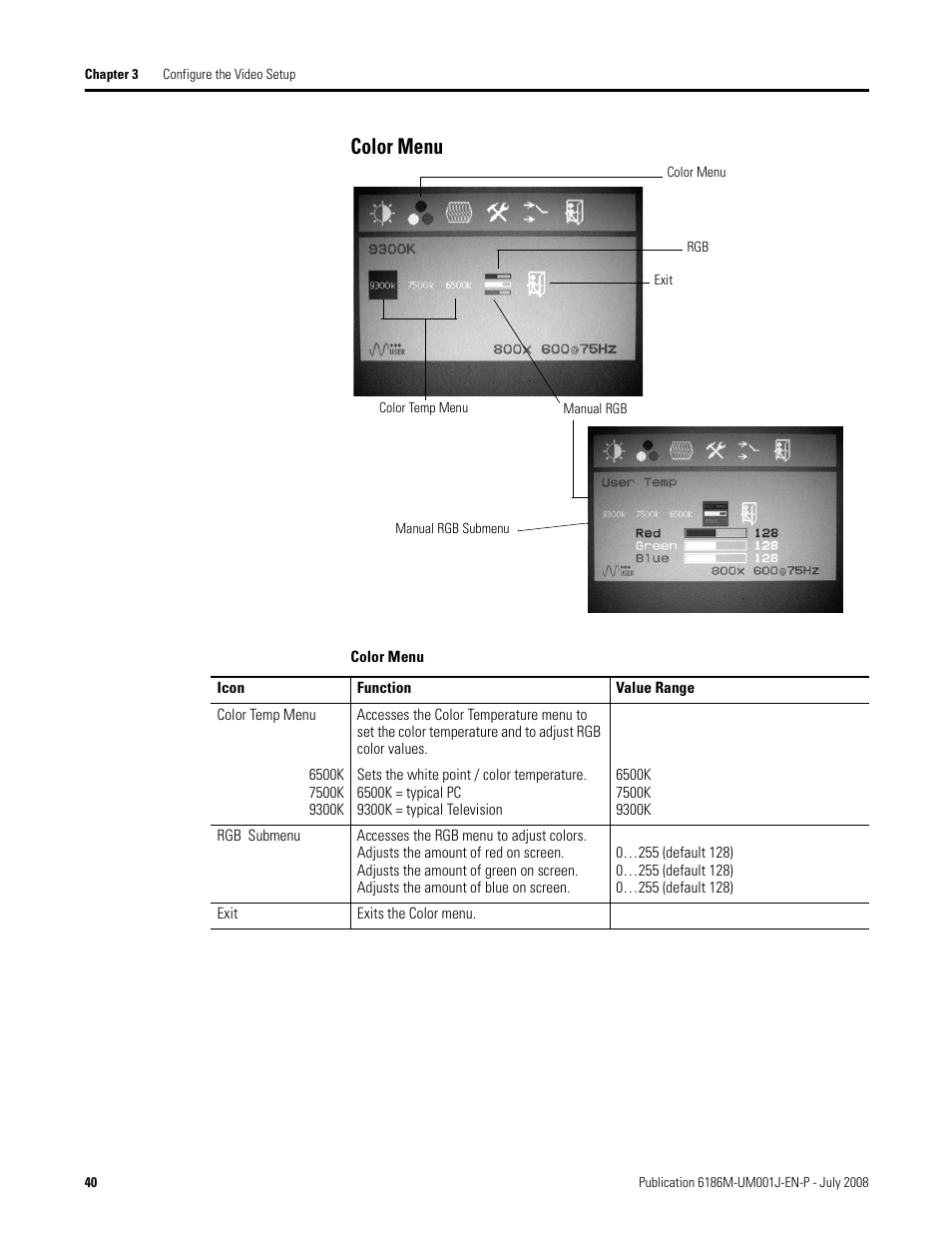 Color menu | Rockwell Automation 6186-Mxxx Industrial Monitors User Manual User Manual | Page 40 / 64