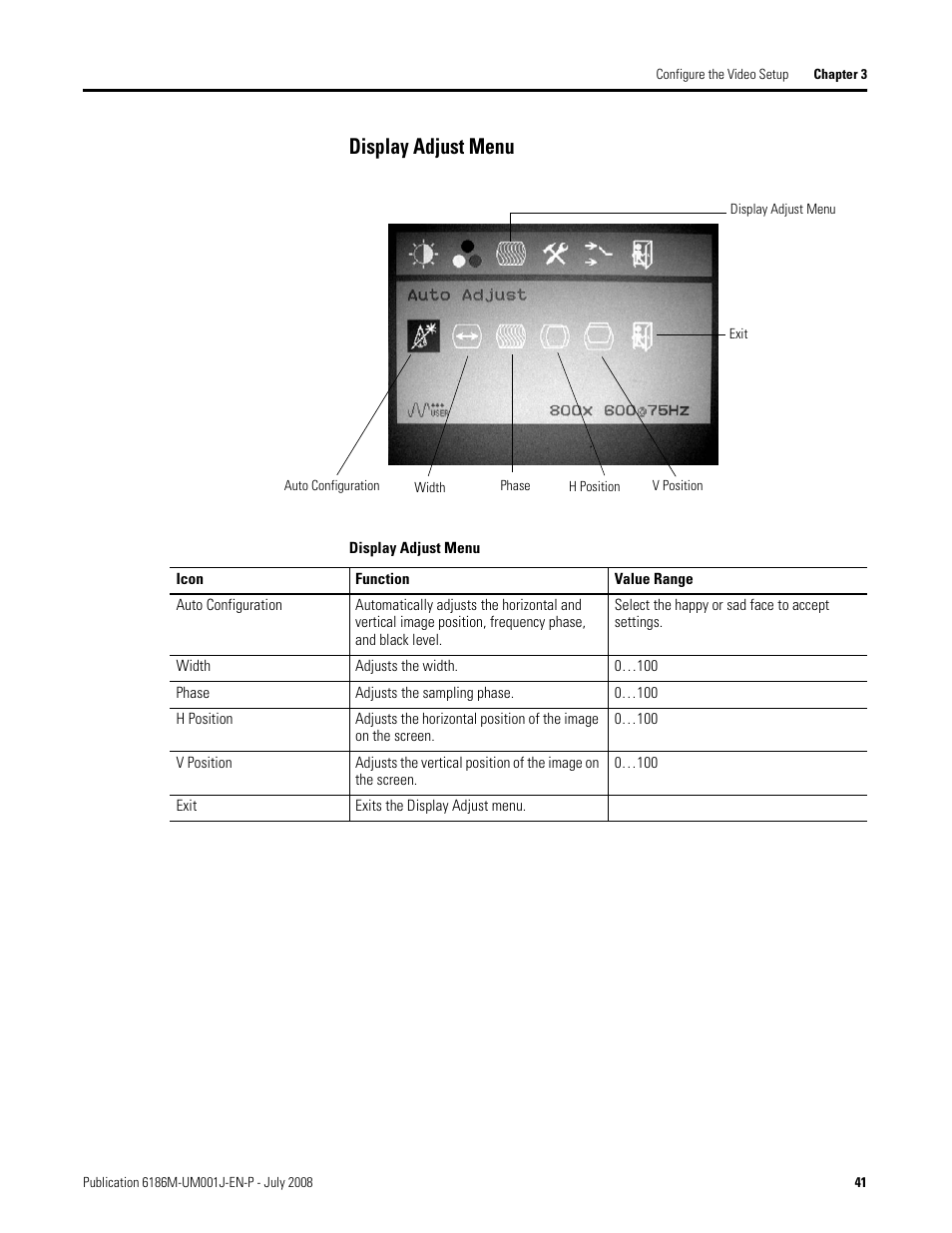 Display adjust menu | Rockwell Automation 6186-Mxxx Industrial Monitors User Manual User Manual | Page 41 / 64