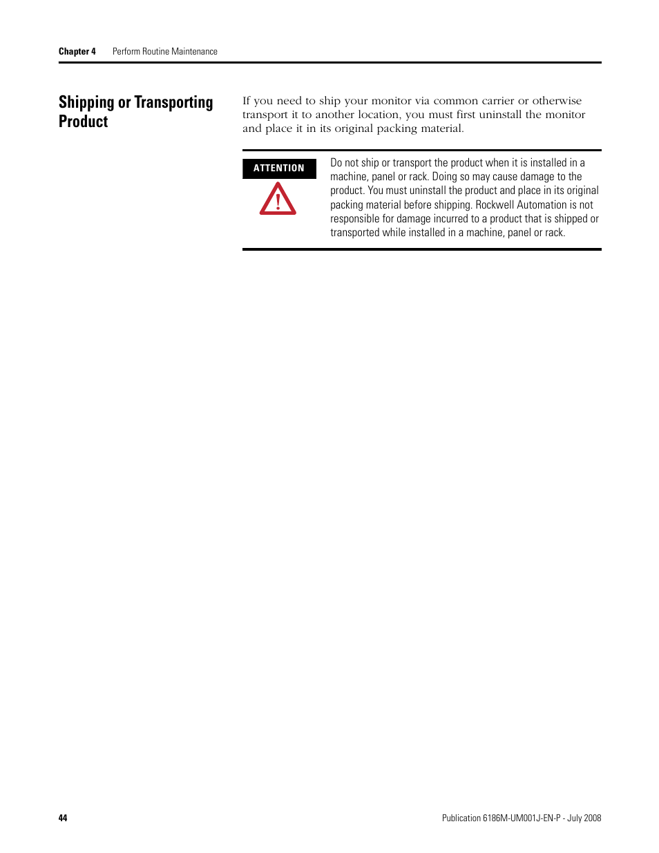 Shipping or transporting product | Rockwell Automation 6186-Mxxx Industrial Monitors User Manual User Manual | Page 44 / 64