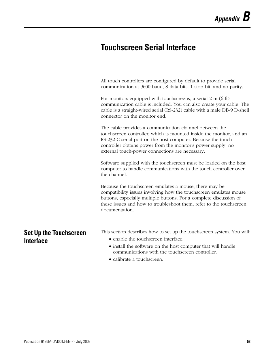 Appendix b, Set up the touchscreen interface, Touchscreen serial interface | Appendix b - touchscreen serial interface, Appendix | Rockwell Automation 6186-Mxxx Industrial Monitors User Manual User Manual | Page 53 / 64