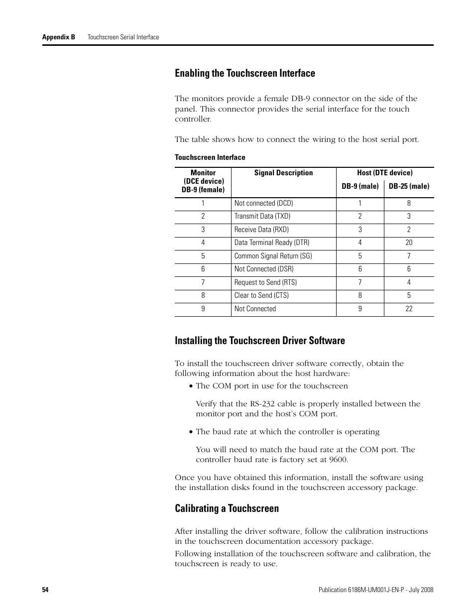 Enabling the touchscreen interface, Installing the touchscreen driver software, Calibrating a touchscreen | Rockwell Automation 6186-Mxxx Industrial Monitors User Manual User Manual | Page 54 / 64