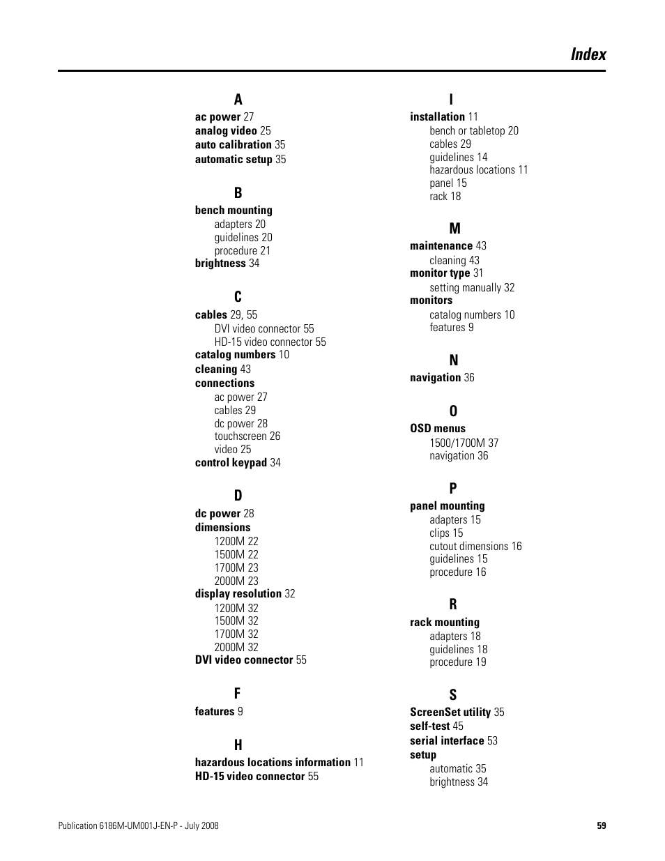 Index | Rockwell Automation 6186-Mxxx Industrial Monitors User Manual User Manual | Page 59 / 64