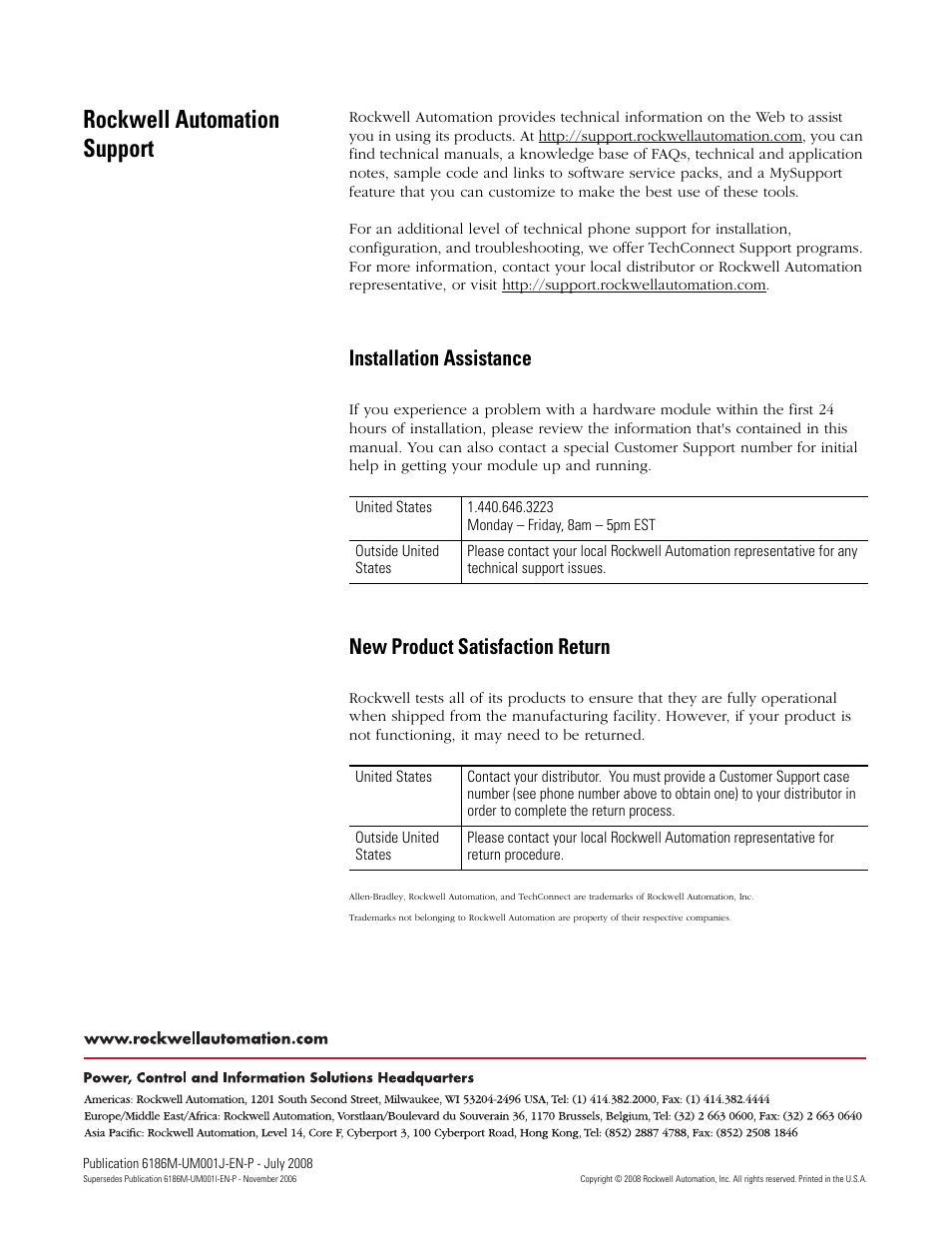 Back cover, Rockwell automation support, Installation assistance | New product satisfaction return | Rockwell Automation 6186-Mxxx Industrial Monitors User Manual User Manual | Page 64 / 64