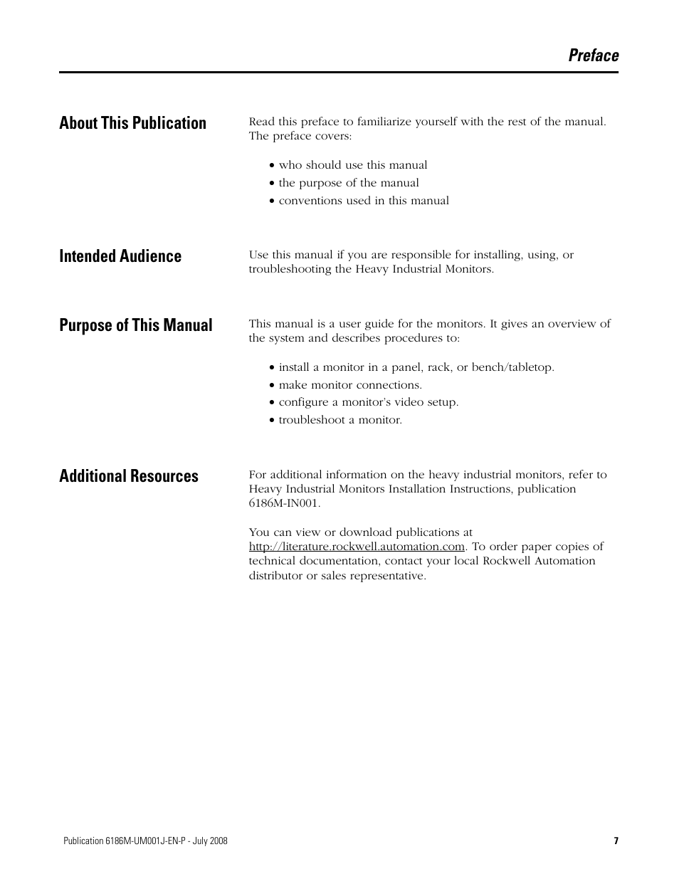 Preface, About this publication, Intended audience | Purpose of this manual, Additional resources, Preface about this publication | Rockwell Automation 6186-Mxxx Industrial Monitors User Manual User Manual | Page 7 / 64