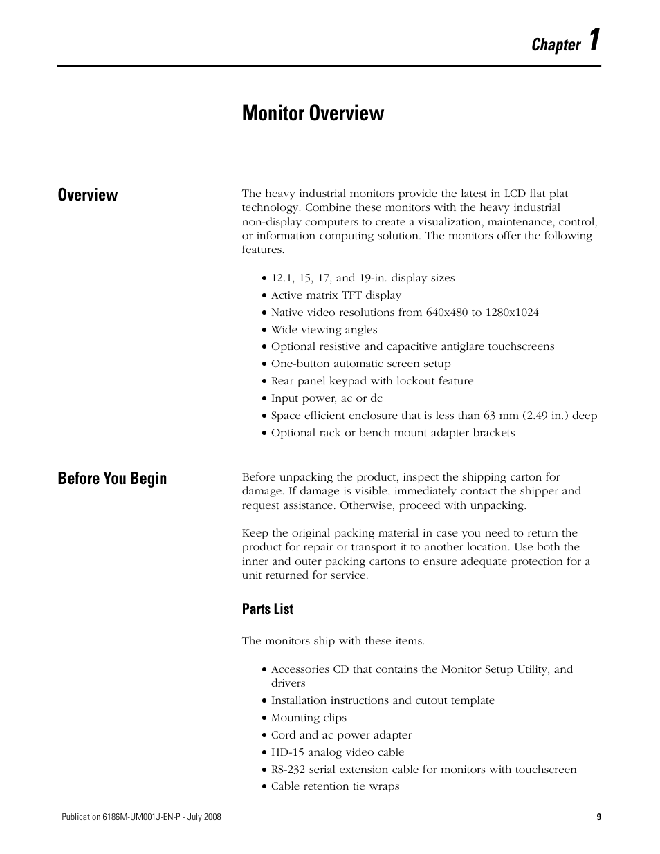 Chapter 1, Monitor overview, Overview | Before you begin, Overview before you begin, Chapter | Rockwell Automation 6186-Mxxx Industrial Monitors User Manual User Manual | Page 9 / 64