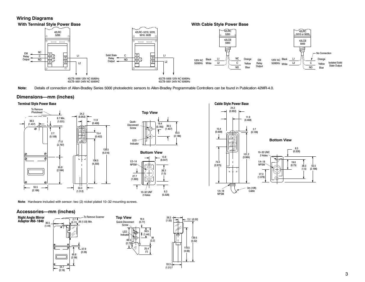 3wiring diagrams, Dimensions—mm (inches), Accessories—mm (inches) | Rockwell Automation 5000 Red Line User Manual | Page 3 / 4