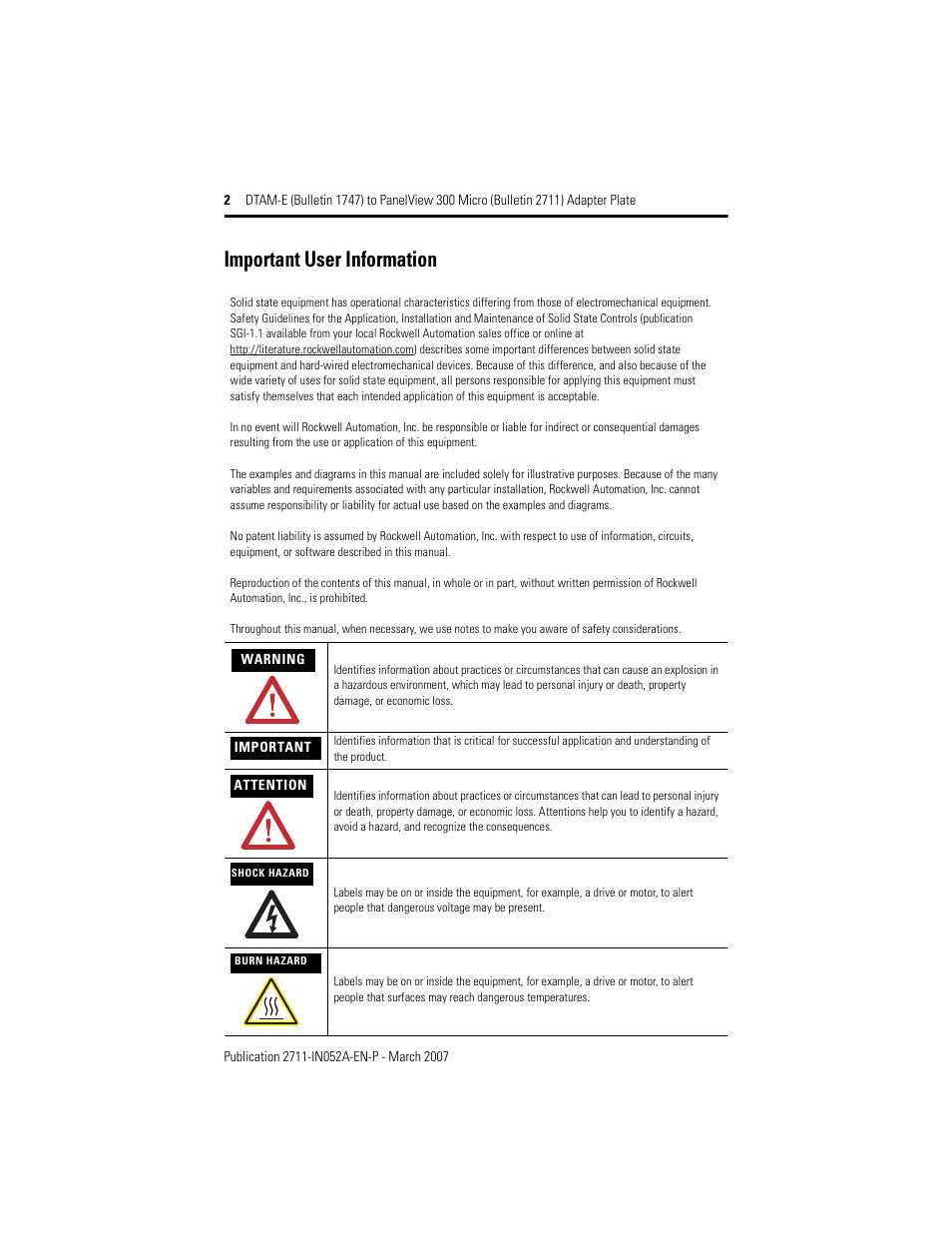 Important user information | Rockwell Automation 2711-NR12K DTAM-E to PanelView 300 Micro Adapter Plate User Manual | Page 2 / 8