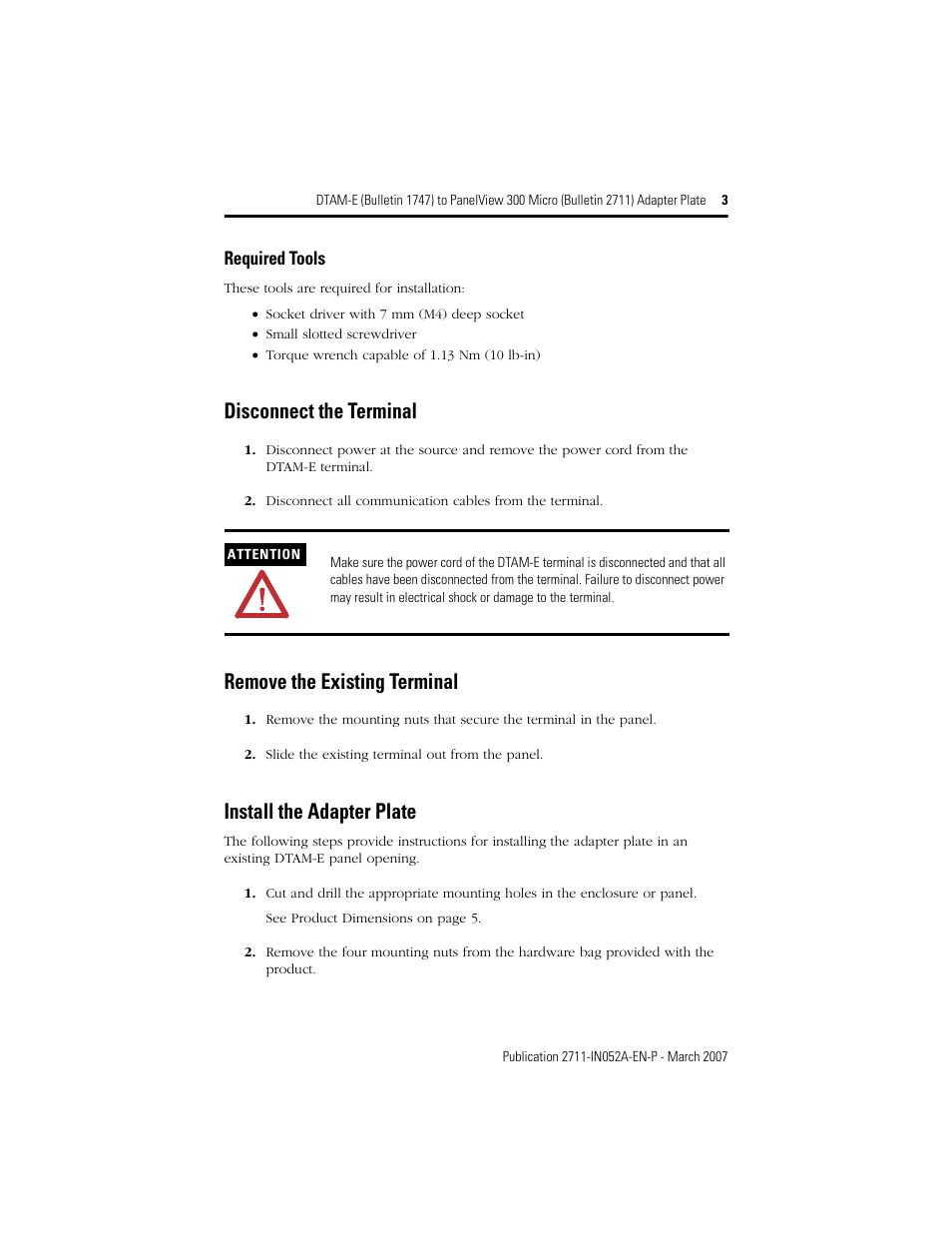 Disconnect the terminal, Remove the existing terminal, Install the adapter plate | Required tools | Rockwell Automation 2711-NR12K DTAM-E to PanelView 300 Micro Adapter Plate User Manual | Page 3 / 8
