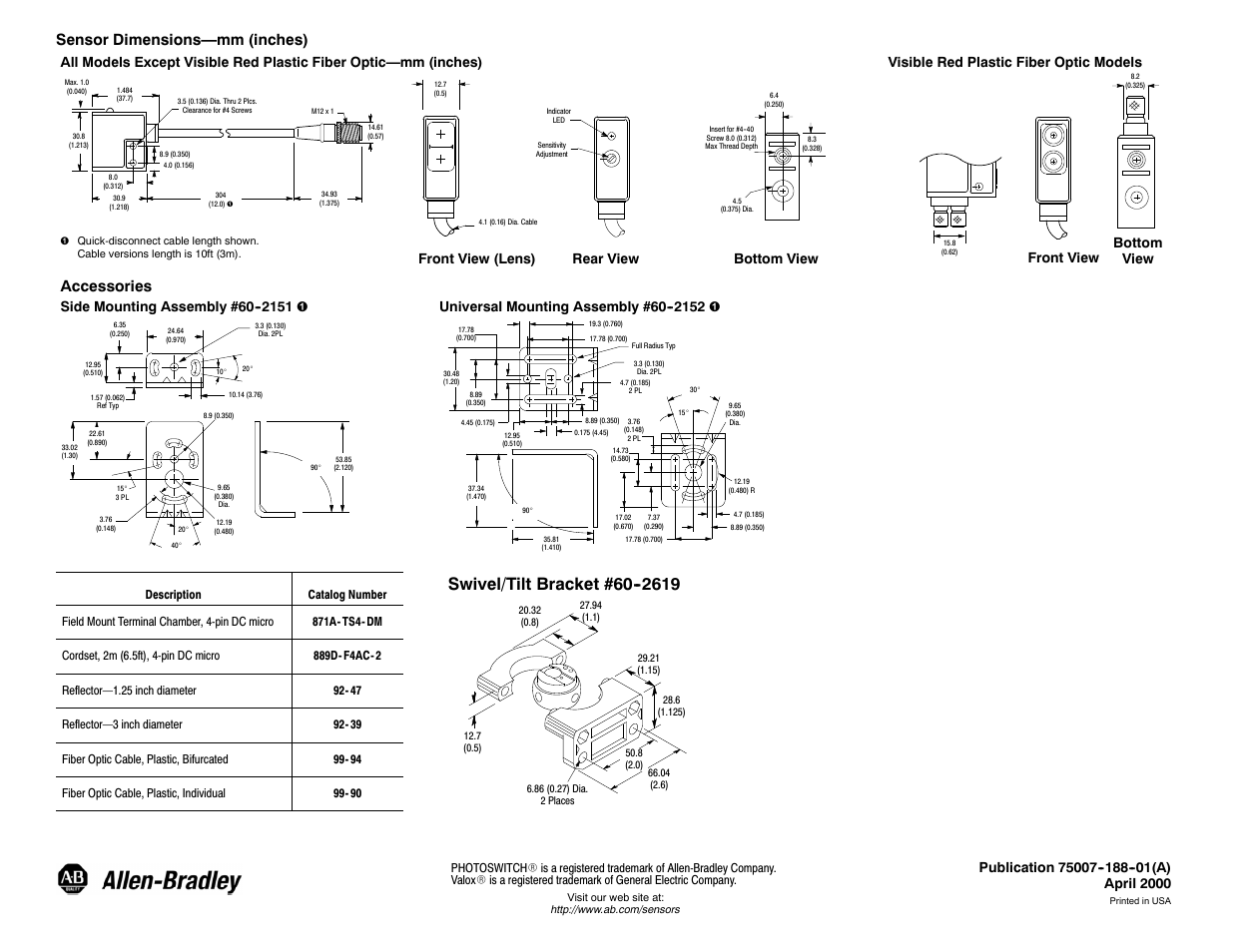 Swivel/tilt bracket #60 9, Sensor dimensions—mm (inches), Accessories | Rockwell Automation 7000 Miniature Photoelectric Sensors User Manual | Page 4 / 4